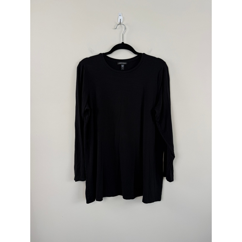 Eileen Fisher Tunic Top Black L Long Sleeve Tencel Lyocell Stretch Minimalist